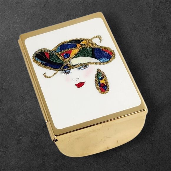 Vintage 1980s Vanity Set Art Deco Woman Compact & Lipstick Case NOS Glam Gold - Picture 7 of 16